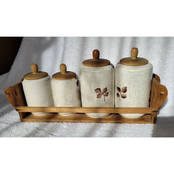 Set 4 Vintage ROYAL SEALY Jamaican Condiment Jar Wood Shelf BBQ Japan MCM - Picture 7 of 9